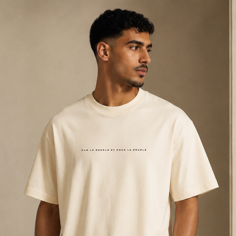 T-shirt Peuple écru avec inscription Par le peuple et pour le peuple porté de face