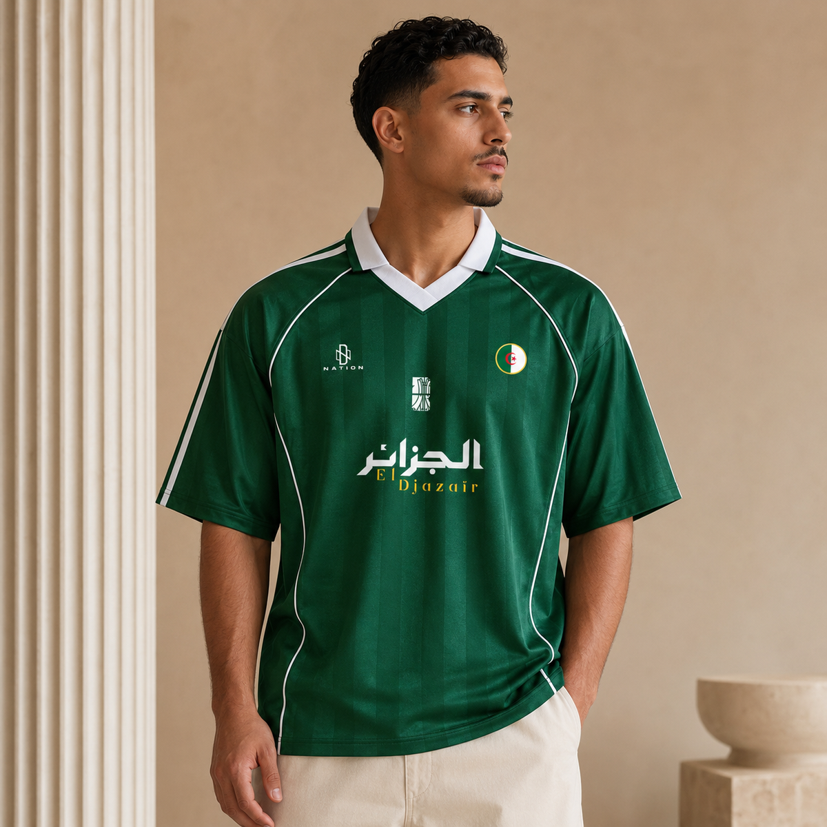 Green piped Djazaïr jersey worn front view, white V-neck and Algerian roundel