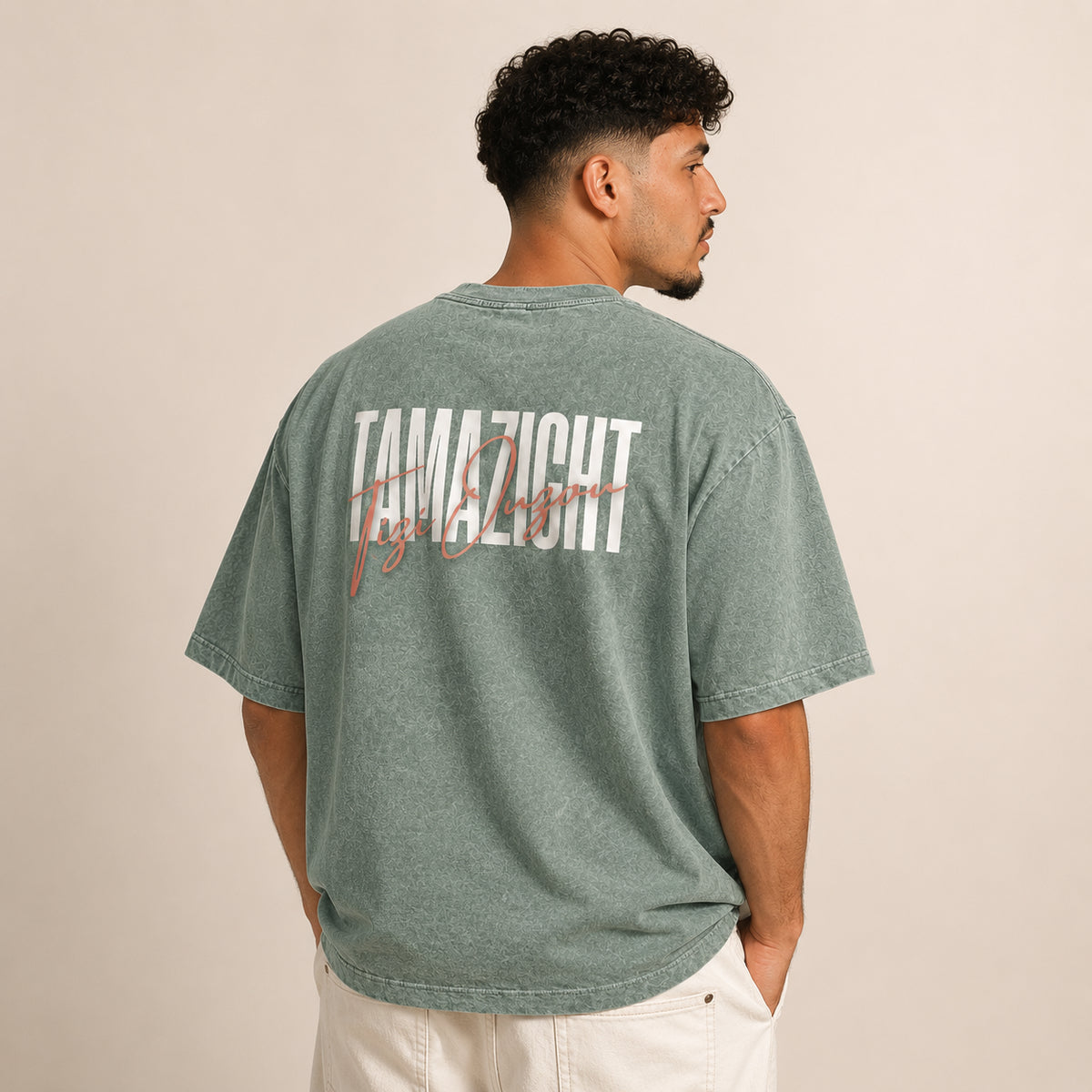T-shirt Tamazight vert délavé avec design Tizi Ouzou imprimé au dos