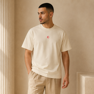 T-shirt Hilal écru avec croissant et étoile rouges porté de face