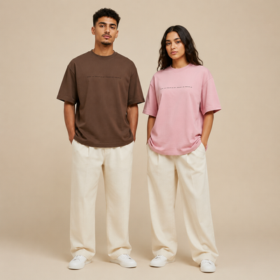 T-shirts Peuple brun et rose portés de face