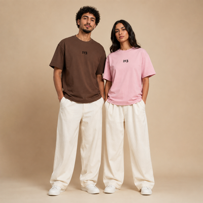 T-shirts 213 brun et rose portés de face