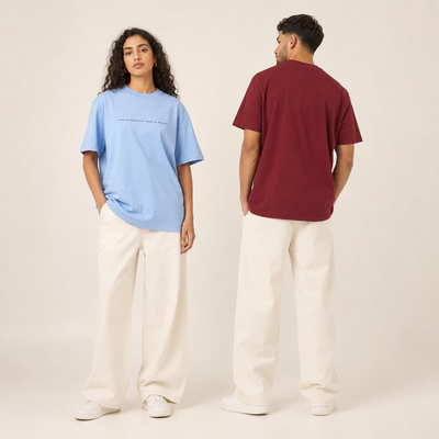 T-shirts Peuple bleu clair et bordeaux présentés de face et de dos