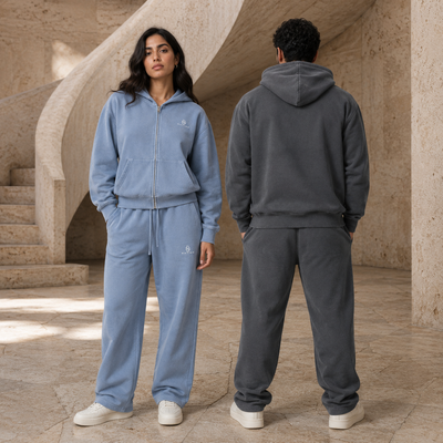 Ensembles Sirocco bleu et gris délavé portés de face et de dos
