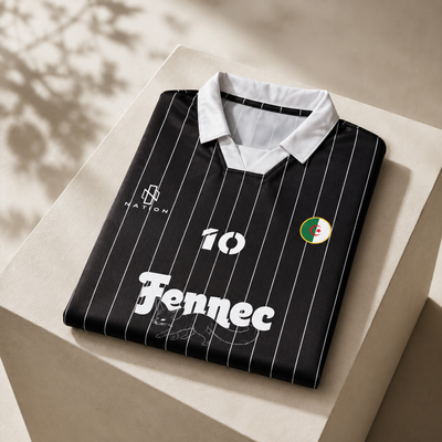 Black Fennec number 10 jersey laid flat, white polo collar