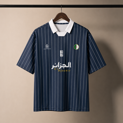 Maillot Djazaïr rayé bleu marine présenté sur cintre