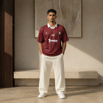 Bordeaux Fennec number 10 jersey worn full length with ecru pants