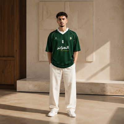Green piped Djazaïr jersey worn full length with ecru pants