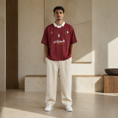 Maillot Djazaïr rayé bordeaux porté en pied avec un pantalon écru
