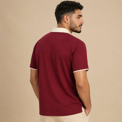 Polo El Beida bordeaux porté de dos, manches raglan
