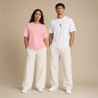 T-shirts Alger 1962 rose et blanc portés de face