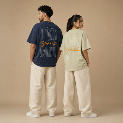 T-shirts Limit bleu marine et beige présentés de dos