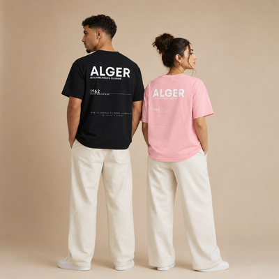T-shirts Alger 1962 noir et rose présentés de face et de dos