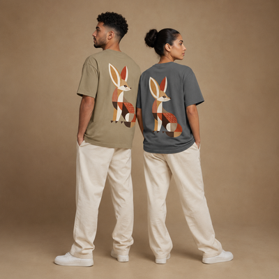 T-shirts Fennec beige et gris présentés de face et de dos