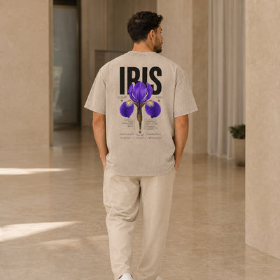 T-shirt Iris d’Alger beige avec illustration Iris porté de dos