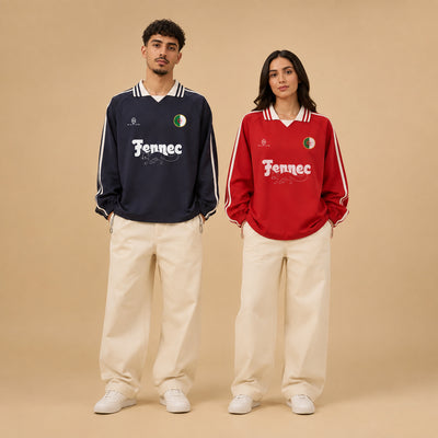 Sweats Fennec bleu marine et rouge portés par un homme et une femme