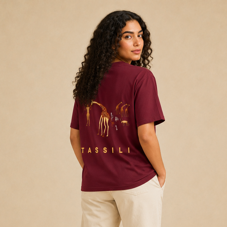 T-shirt Tassili Rupestre bordeaux avec grand design Tassili imprimé au dos