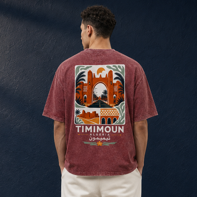 T-shirt Timimoun bordeaux avec grande illustration imprimée au dos