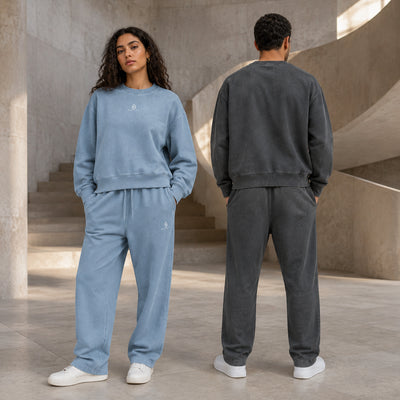 Ensembles Sirocco bleu et gris délavé portés de face et de dos