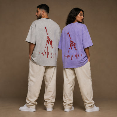 T-shirts Tassili gris et violet présentés de dos