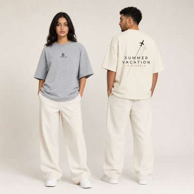 T-shirts Summer in Algeria gris et écru présentés de face et de dos