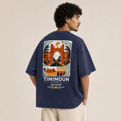 T-shirt Timimoun bleu marine avec design architectural imprimé au dos