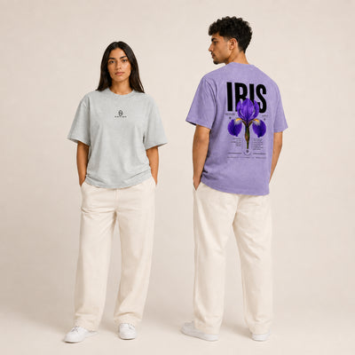T-shirts Iris d’Alger gris clair et violet portés de face et de dos