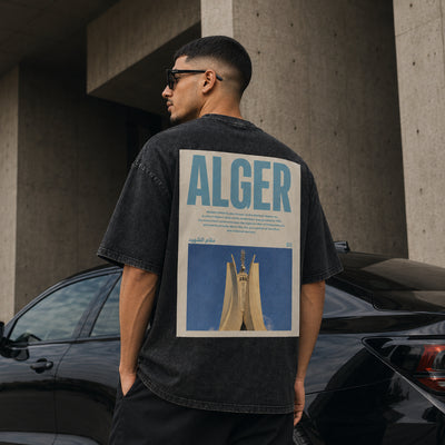 T-shirt Maqam Echahid gris avec monument des Martyrs imprimé au dos