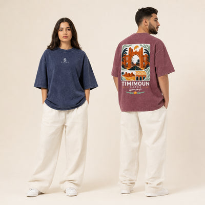 T-shirts Timimoun bleu marine et bordeaux présentés de face et de dos