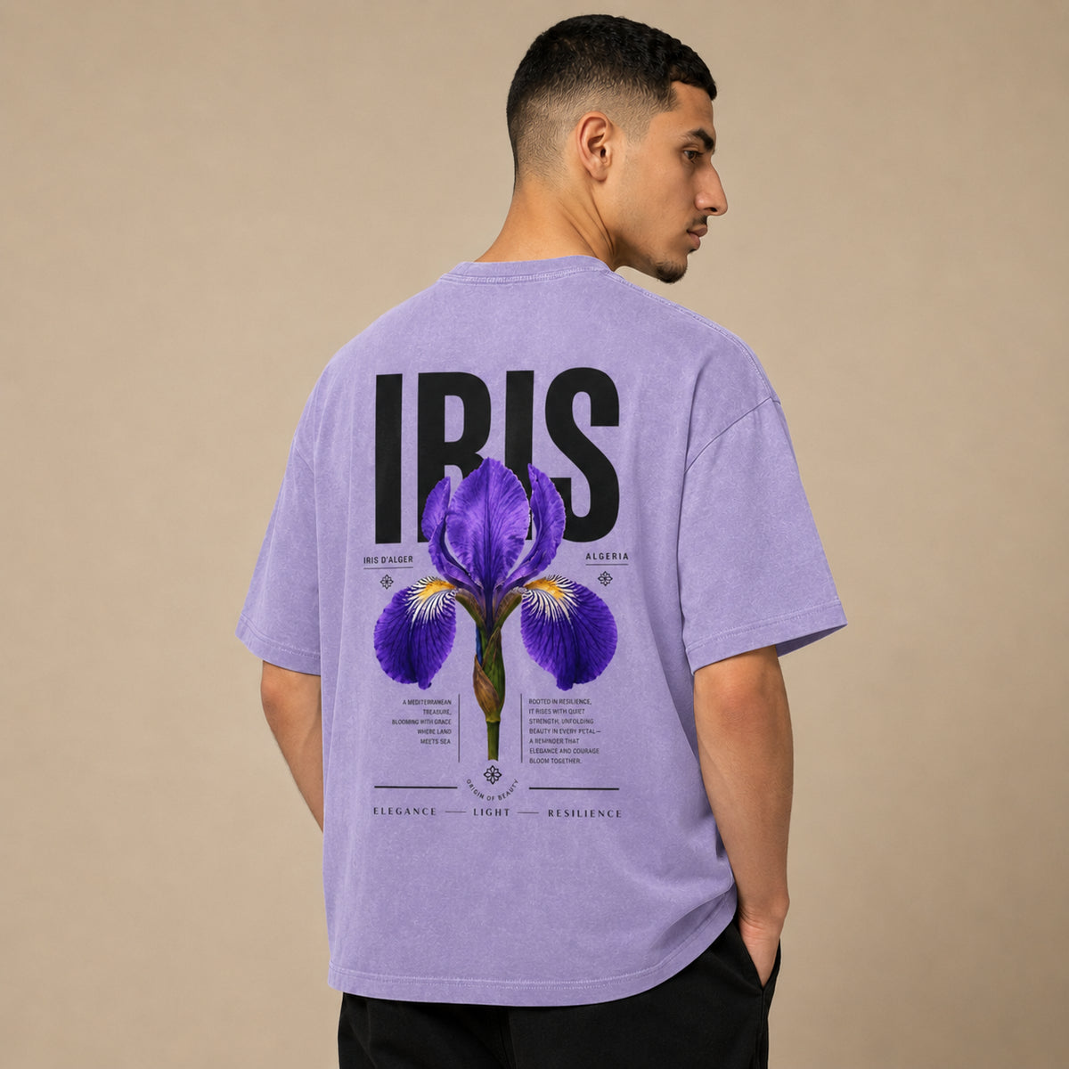 T-shirt Iris d’Alger violet avec grande illustration florale imprimée au dos