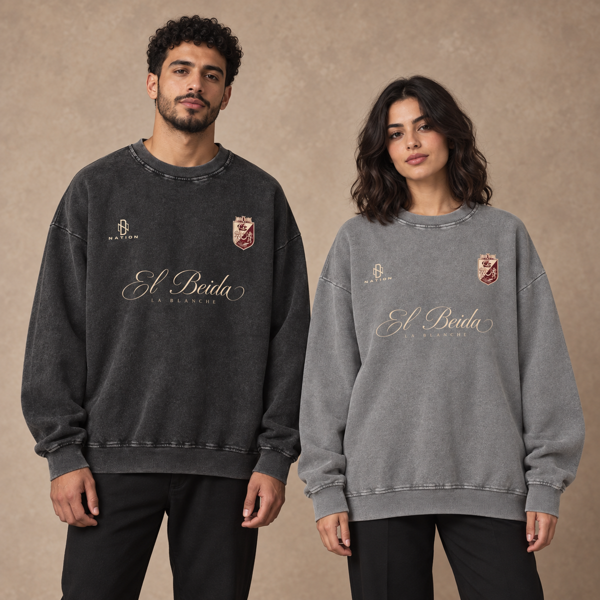 Sweatshirt El Beida noir et gris porté par un homme et une femme maghrébins
