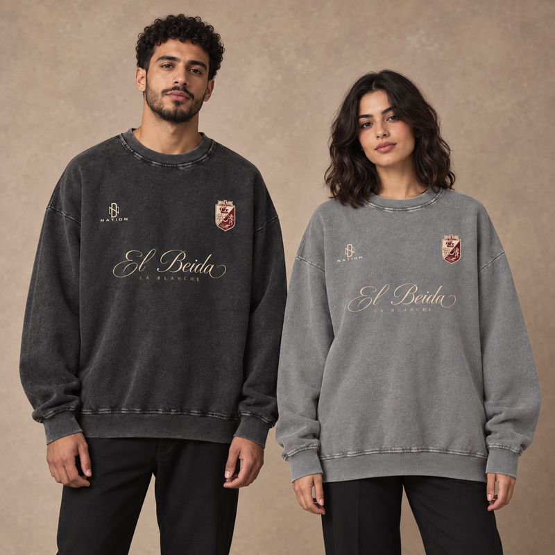Sweatshirt El Beida noir et gris porté par un homme et une femme maghrébins