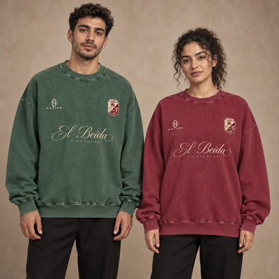 Sweatshirts El Beida vert et bordeaux portés par un homme et une femme