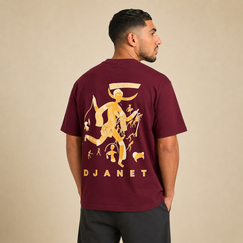 T-shirt Djanet bordeaux avec design inspiré du Sahara algérien imprimé au dos