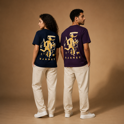 T-shirts Djanet noir et violet portés de dos