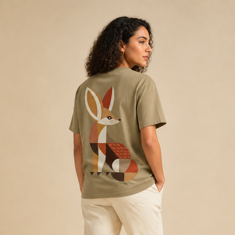 T-shirt Fennec beige avec design inspiré du Sahara au dos