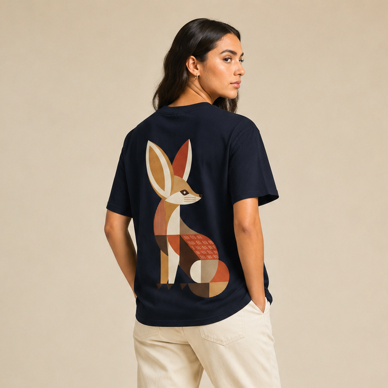 T-shirt Fennec bleu marine avec grand fennec géométrique imprimé au dos