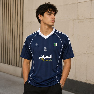 Navy piped Djazaïr jersey worn front view, white V-neck