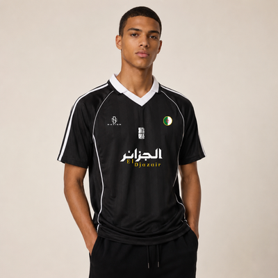 Black piped Djazaïr jersey worn front view, white piping