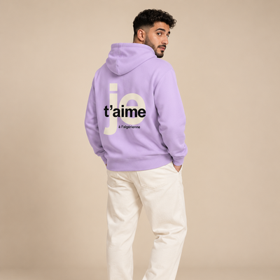 Homme maghrébin de dos portant le sweat oversize Je t’aime à l’algérienne violet