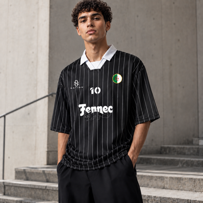 Black Fennec number 10 jersey worn front view, tonal pinstripes