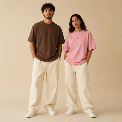 T-shirts Yaz brun et rose portés par un homme et une femme