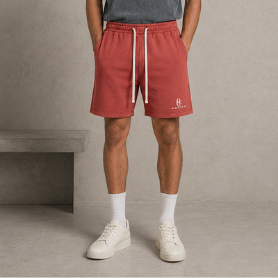 Short Délavé rouge avec taille élastique et cordon blanc