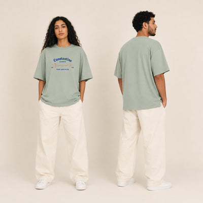 T-shirts Constantine vert d’eau présentés de face et de dos