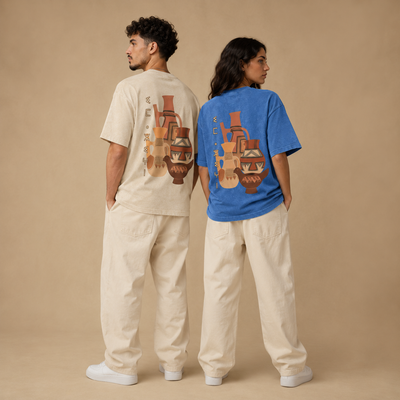T-shirts Amazigh écru et bleu présentés de face et de dos