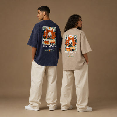 T-shirts Timimoun bleu marine et beige présentés de face et de dos