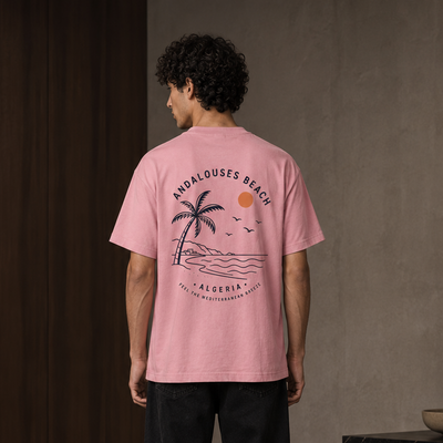 T-shirt Les Andalouses rose avec design Andalouses Beach au dos